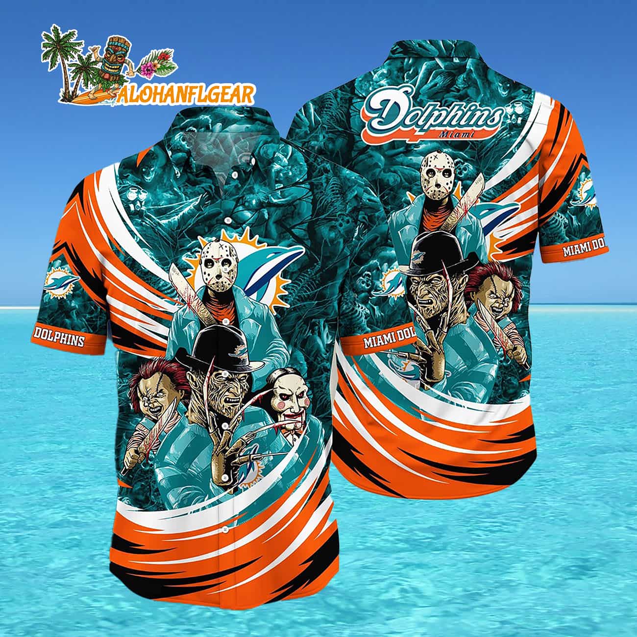 Miami Dolphins Halloween Horror Movie Characters Hawaiian Shirt Miami Dolphins Halloween Horror Movie Characters Hawaiian Shirt