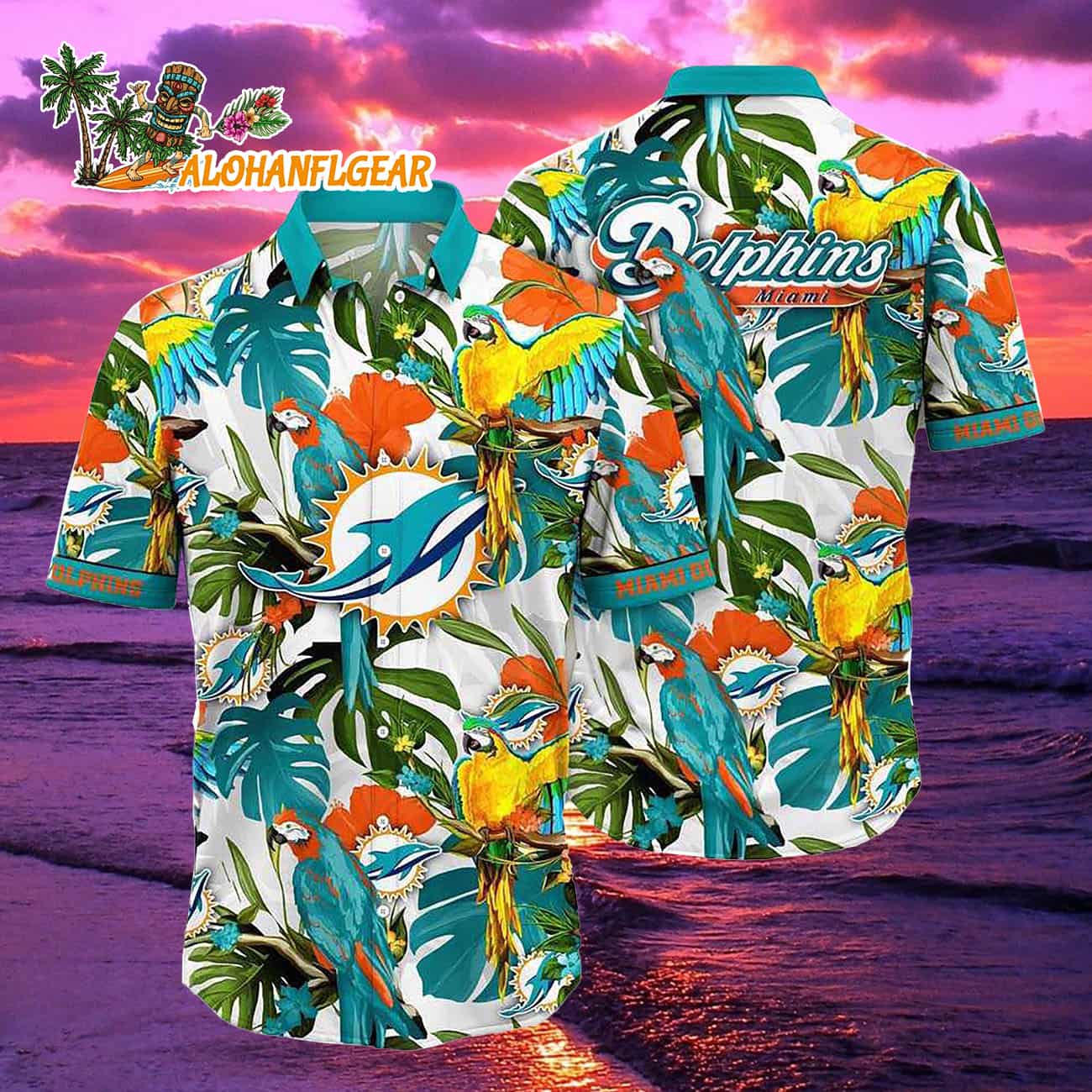 Miami Dolphins Parrots Tropical Flower Hawaiian Shirt Miami Dolphins Parrots Tropical Flower Hawaiian Shirt