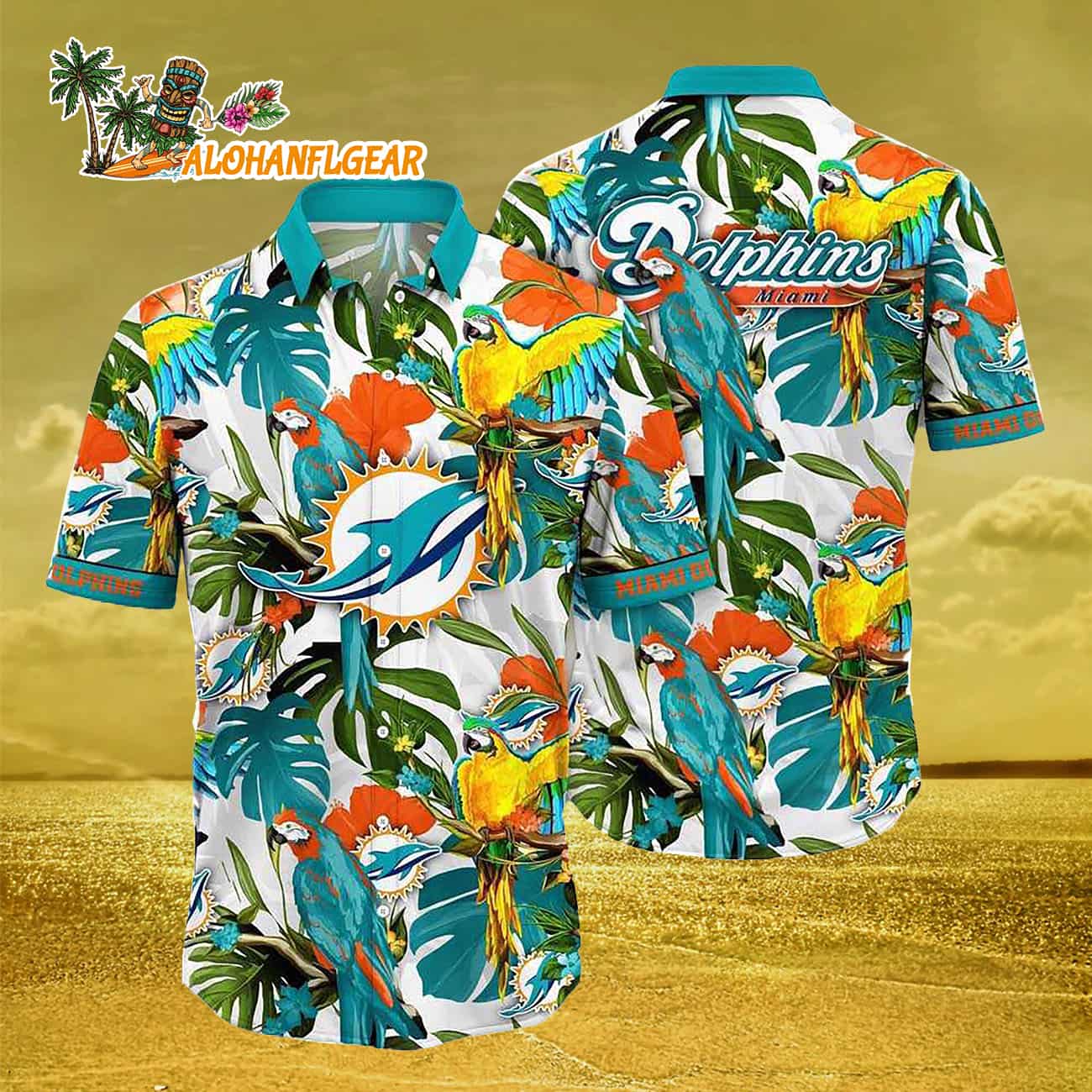 Miami Dolphins Parrots Tropical Flower Hawaiian Shirt Miami Dolphins Parrots Tropical Flower Hawaiian Shirt