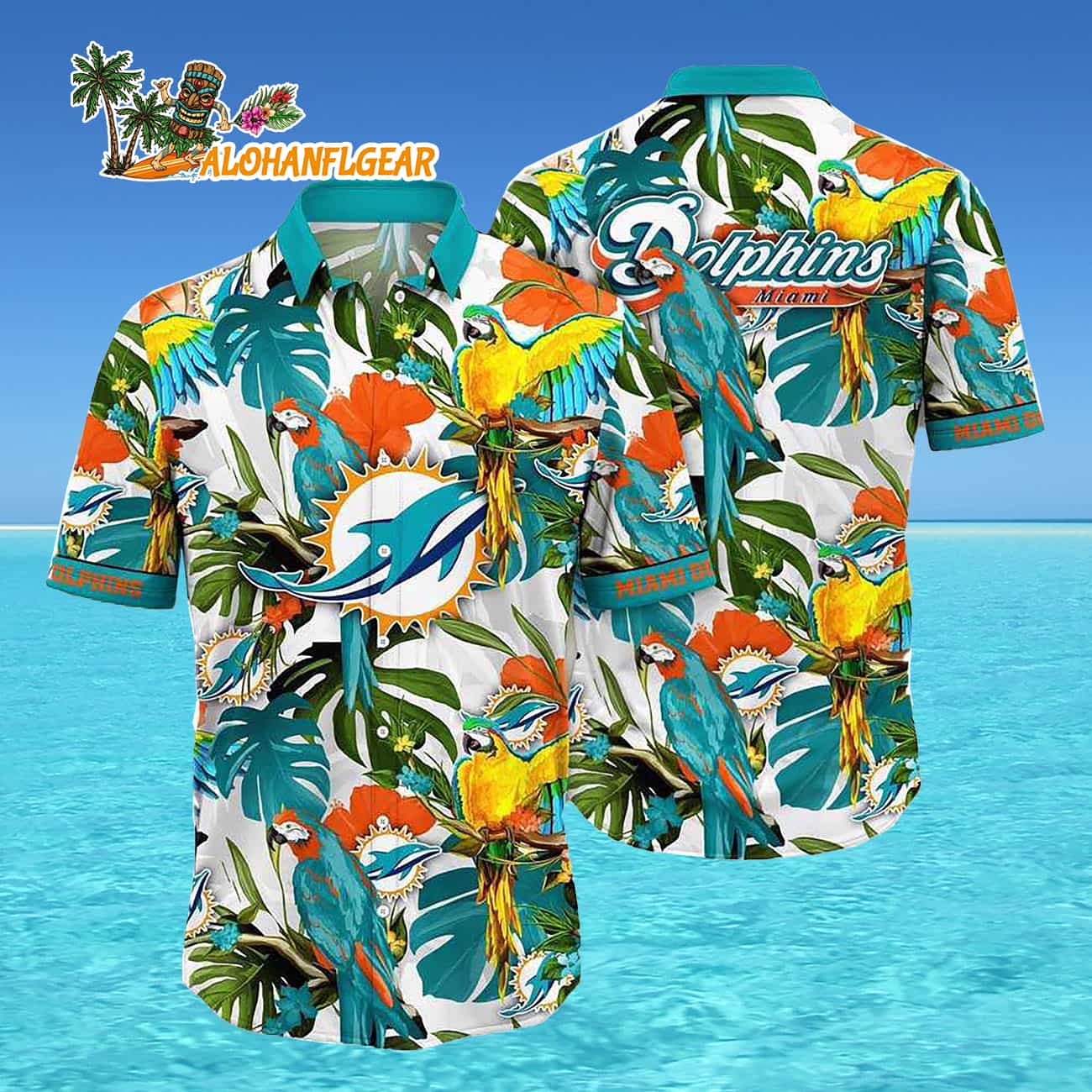 Miami Dolphins Parrots Tropical Flower Hawaiian Shirt Miami Dolphins Parrots Tropical Flower Hawaiian Shirt
