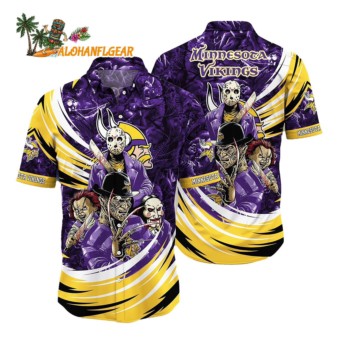 Minnesota Vikings Halloween Horror Movie Characters Hawaiian Shirt Minnesota Vikings Halloween Horror Movie Characters Hawaiian Shirt