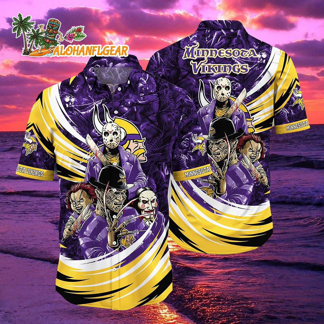 Minnesota Vikings Halloween Horror Movie Characters Hawaiian Shirt Minnesota Vikings Halloween Horror Movie Characters Hawaiian Shirt