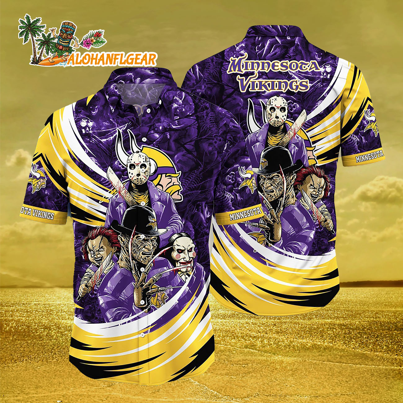 Minnesota Vikings Halloween Horror Movie Characters Hawaiian Shirt Minnesota Vikings Halloween Horror Movie Characters Hawaiian Shirt