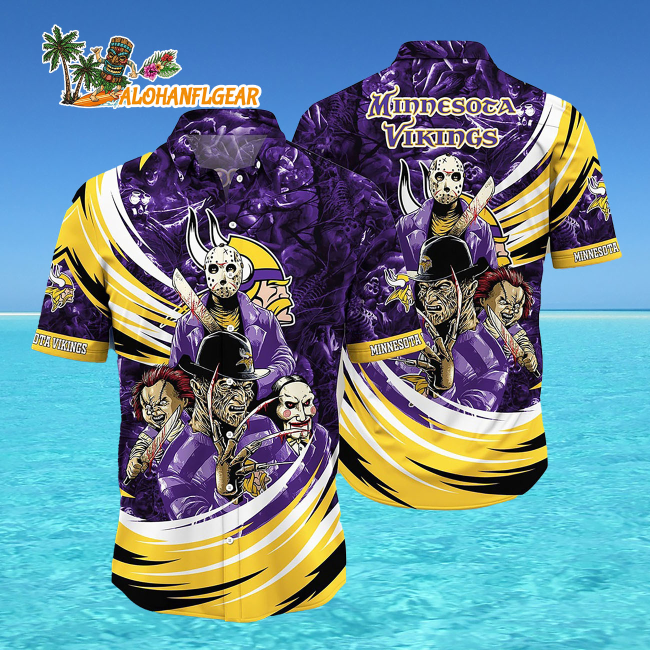 Minnesota Vikings Halloween Horror Movie Characters Hawaiian Shirt Minnesota Vikings Halloween Horror Movie Characters Hawaiian Shirt