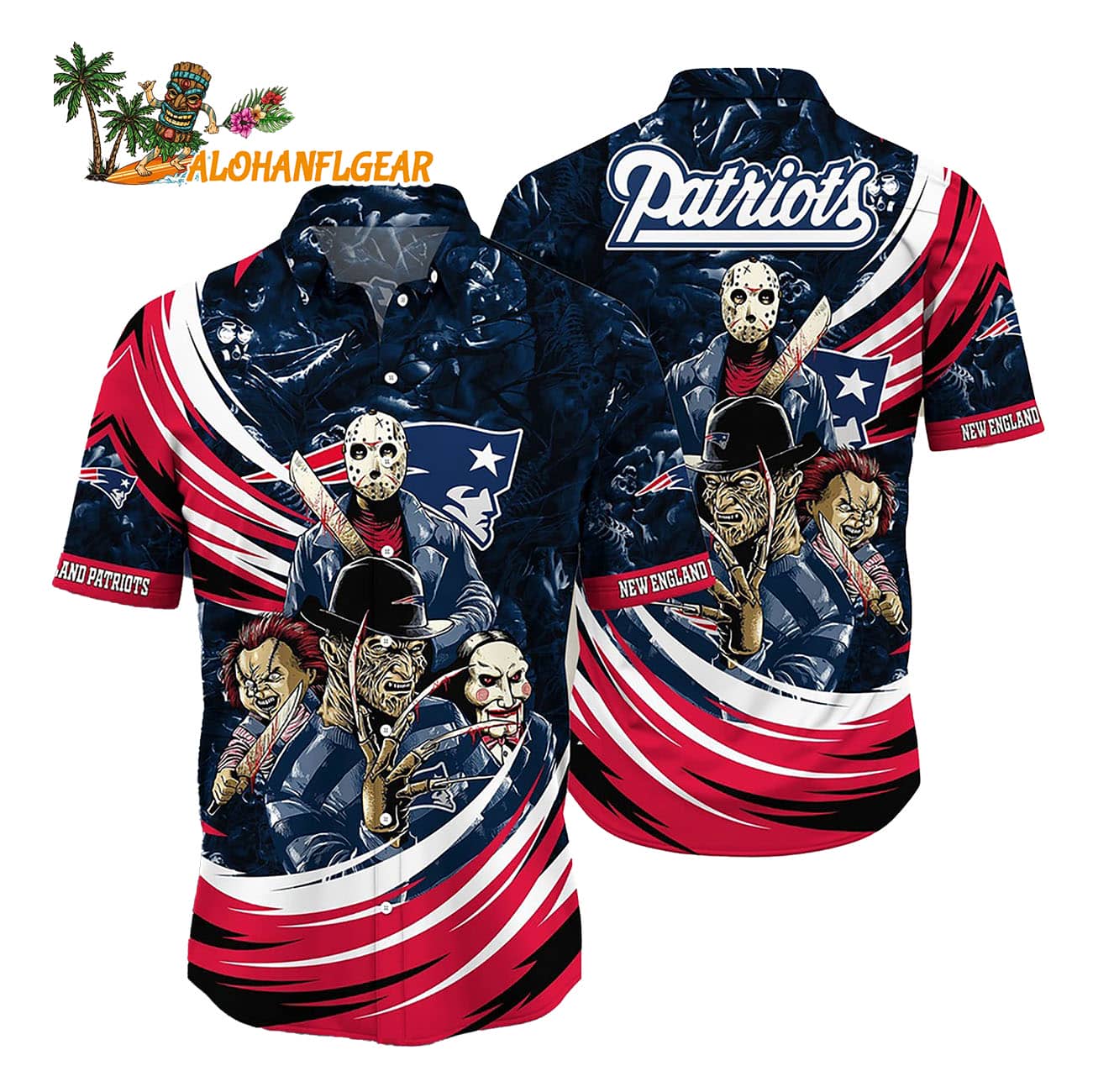 New England Patriots Halloween Horror Movie Characters Hawaiian Shirt New England Patriots Halloween Horror Movie Characters Hawaiian Shirt