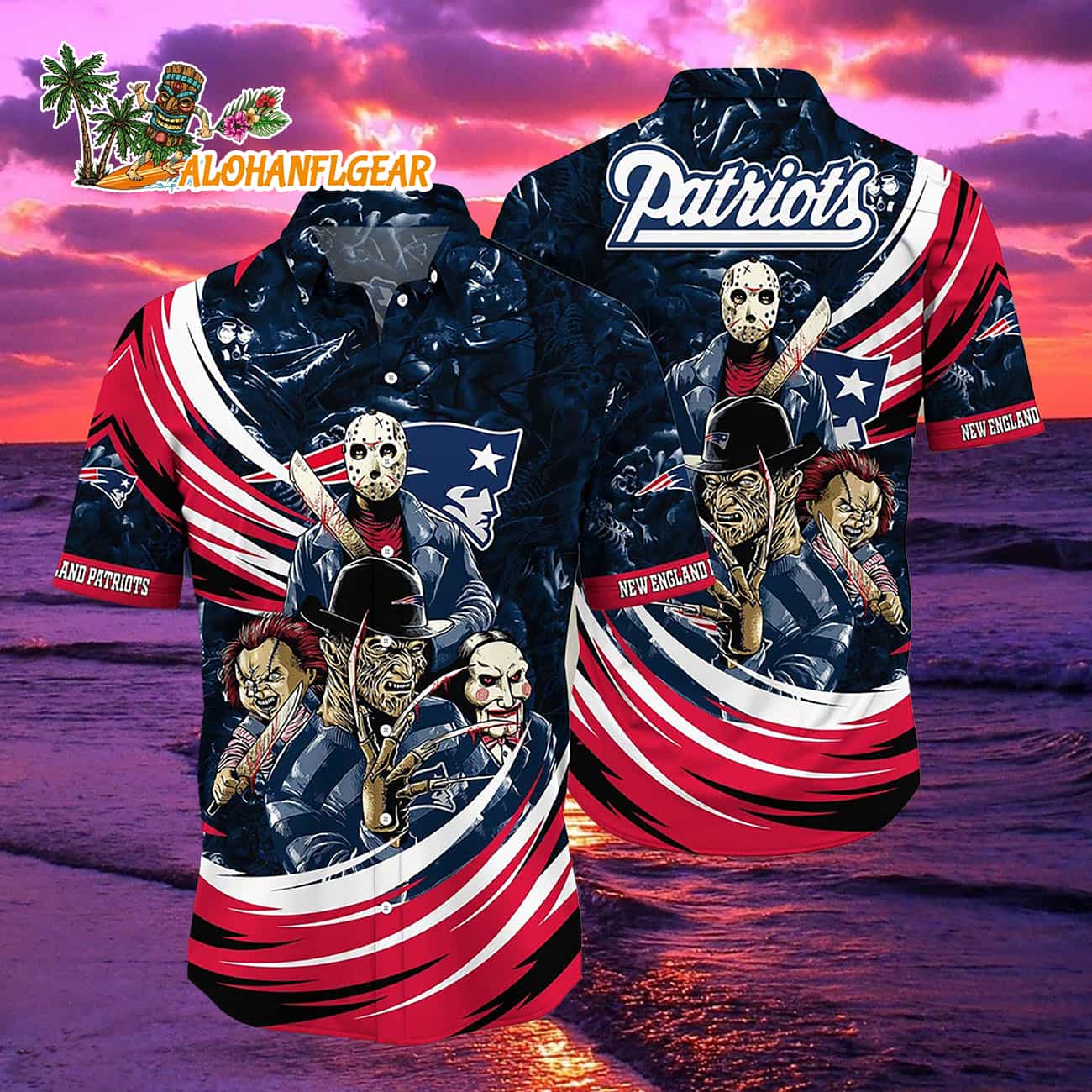 New England Patriots Halloween Horror Movie Characters Hawaiian Shirt New England Patriots Halloween Horror Movie Characters Hawaiian Shirt