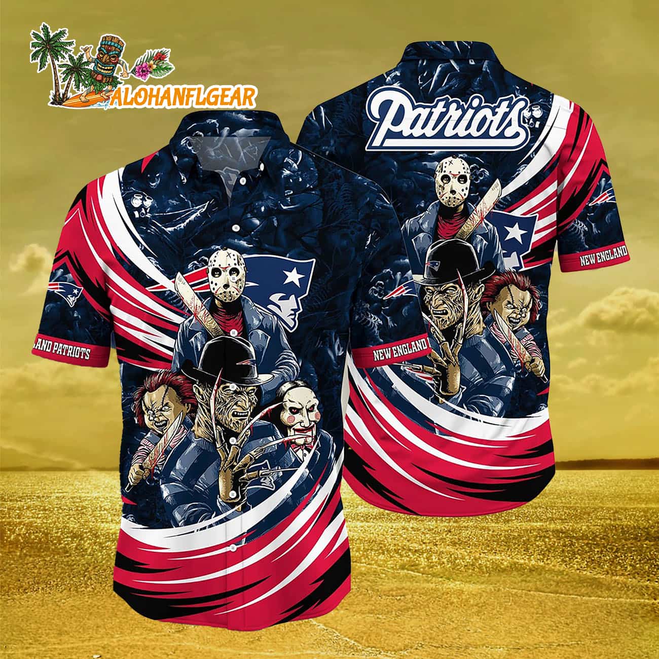New England Patriots Halloween Horror Movie Characters Hawaiian Shirt New England Patriots Halloween Horror Movie Characters Hawaiian Shirt