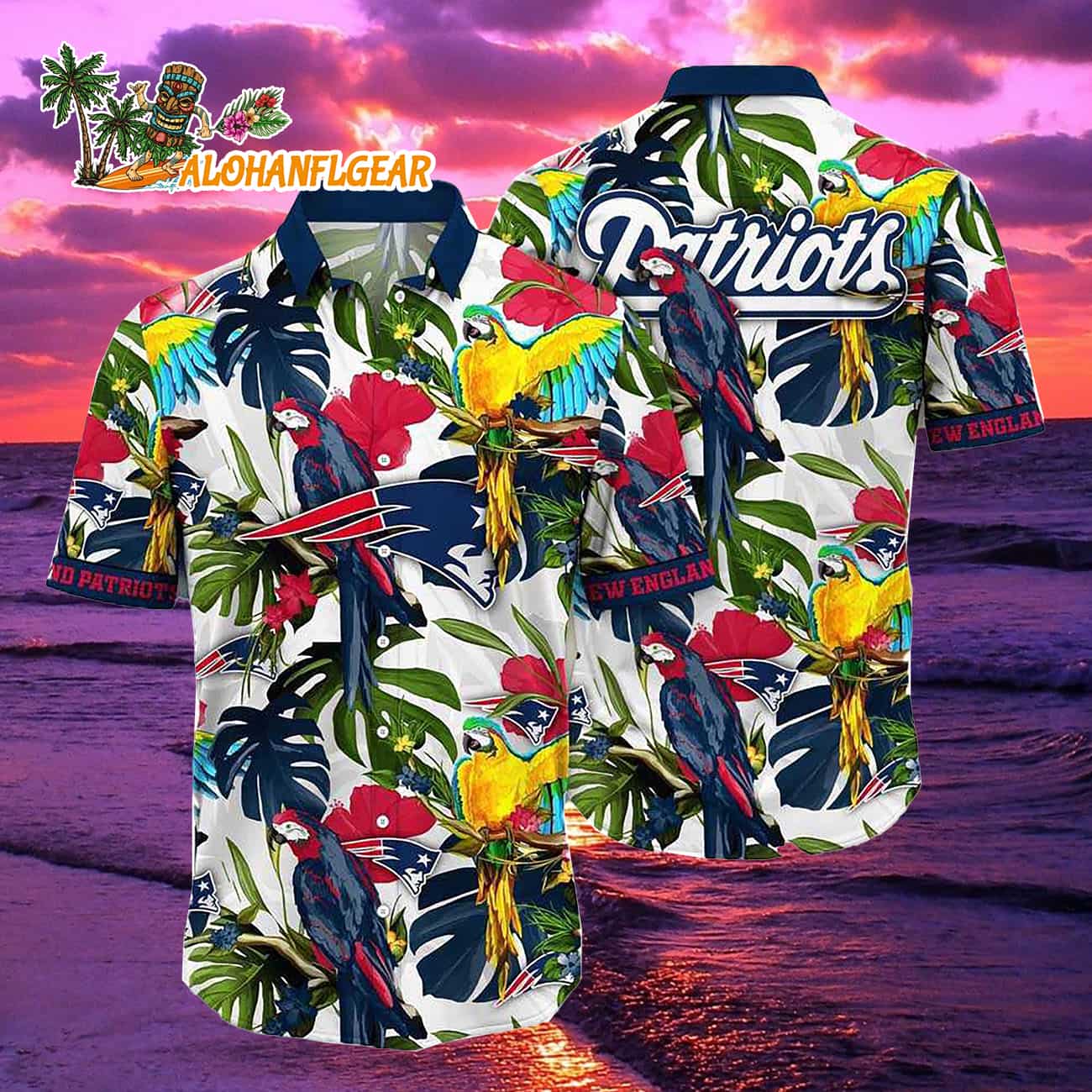 New England Patriots Parrots Tropical Flower Hawaiian Shirt New England Patriots Parrots Tropical Flower Hawaiian Shirt