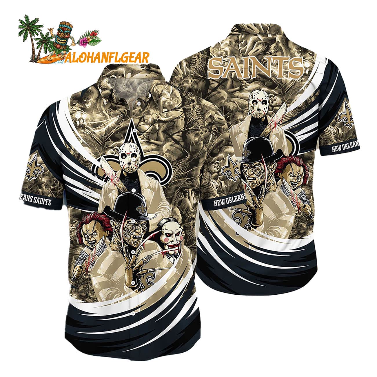 New Orleans Saints Halloween Horror Movie Characters Hawaiian Shirt New Orleans Saints Halloween Horror Movie Characters Hawaiian Shirt