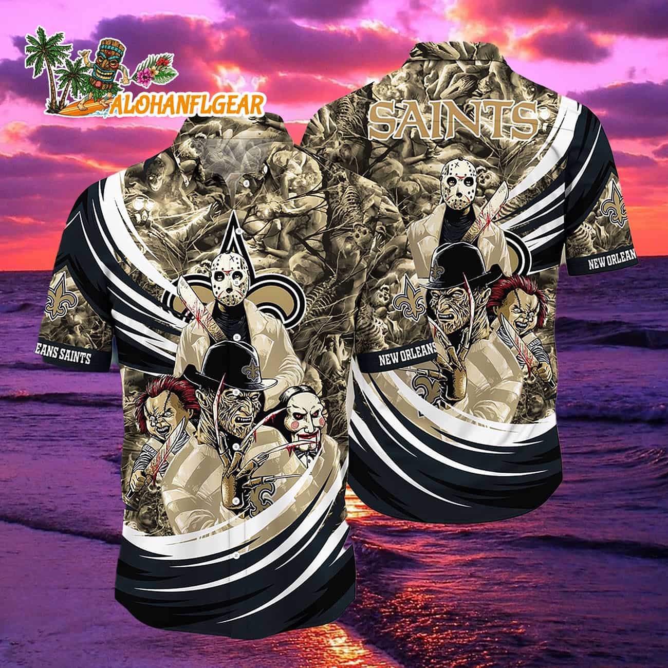 New Orleans Saints Halloween Horror Movie Characters Hawaiian Shirt New Orleans Saints Halloween Horror Movie Characters Hawaiian Shirt