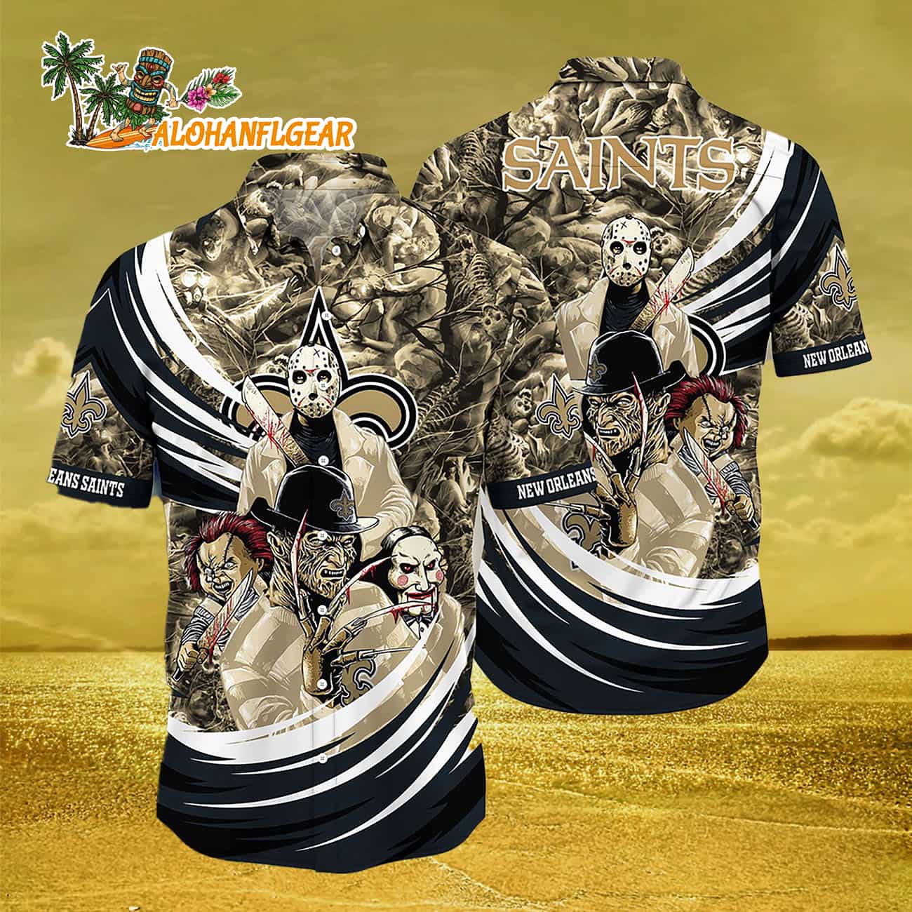 New Orleans Saints Halloween Horror Movie Characters Hawaiian Shirt New Orleans Saints Halloween Horror Movie Characters Hawaiian Shirt