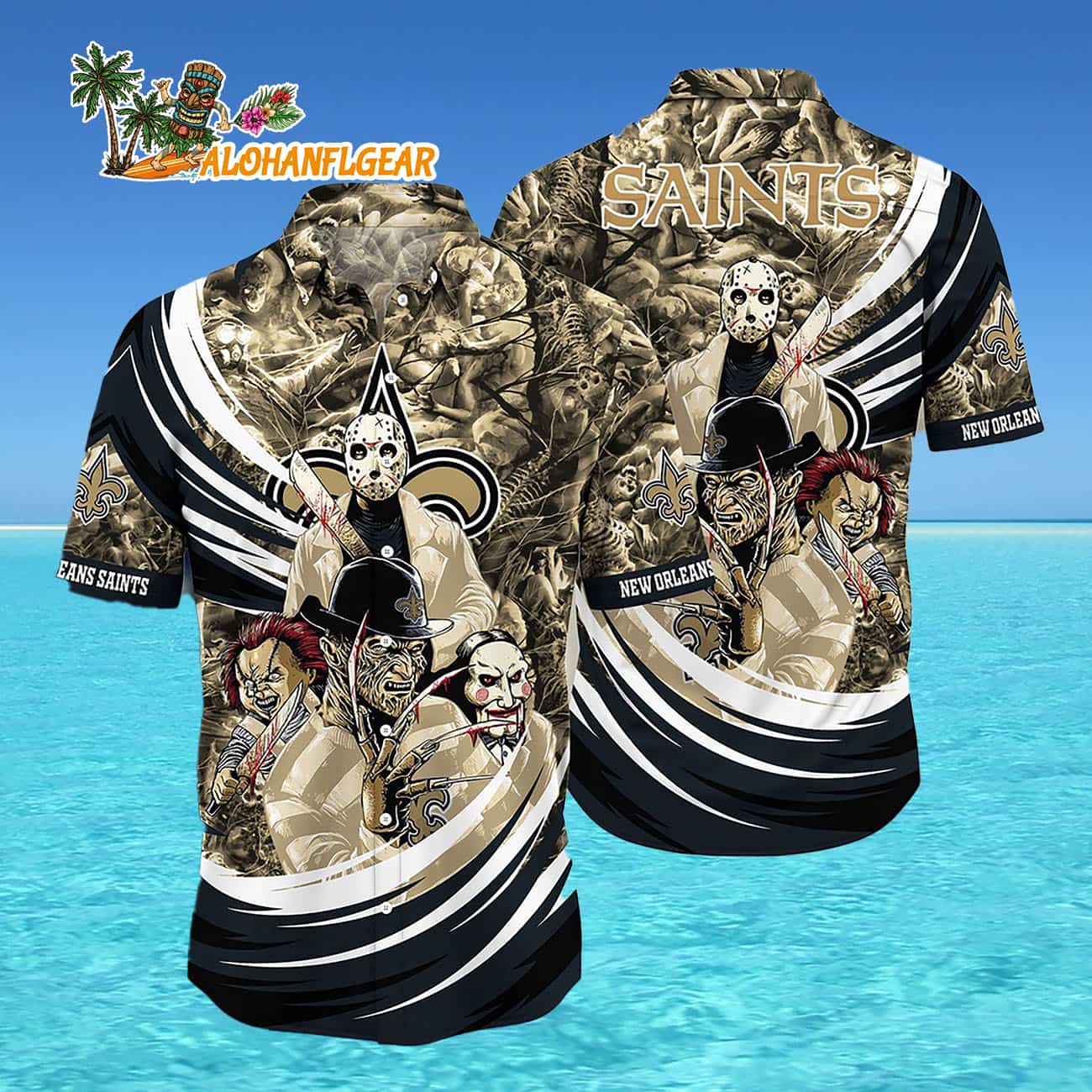 New Orleans Saints Halloween Horror Movie Characters Hawaiian Shirt New Orleans Saints Halloween Horror Movie Characters Hawaiian Shirt