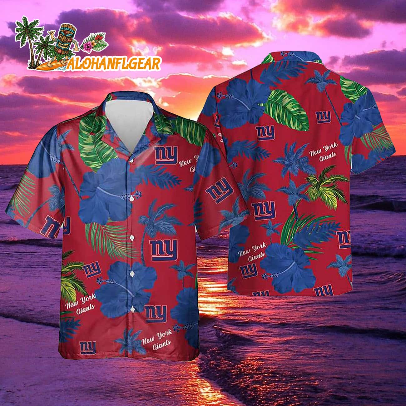 New York Giants Color Hibiscus Button Up Hawaiian Shirt New York Giants Color Hibiscus Button Up Hawaiian Shirt