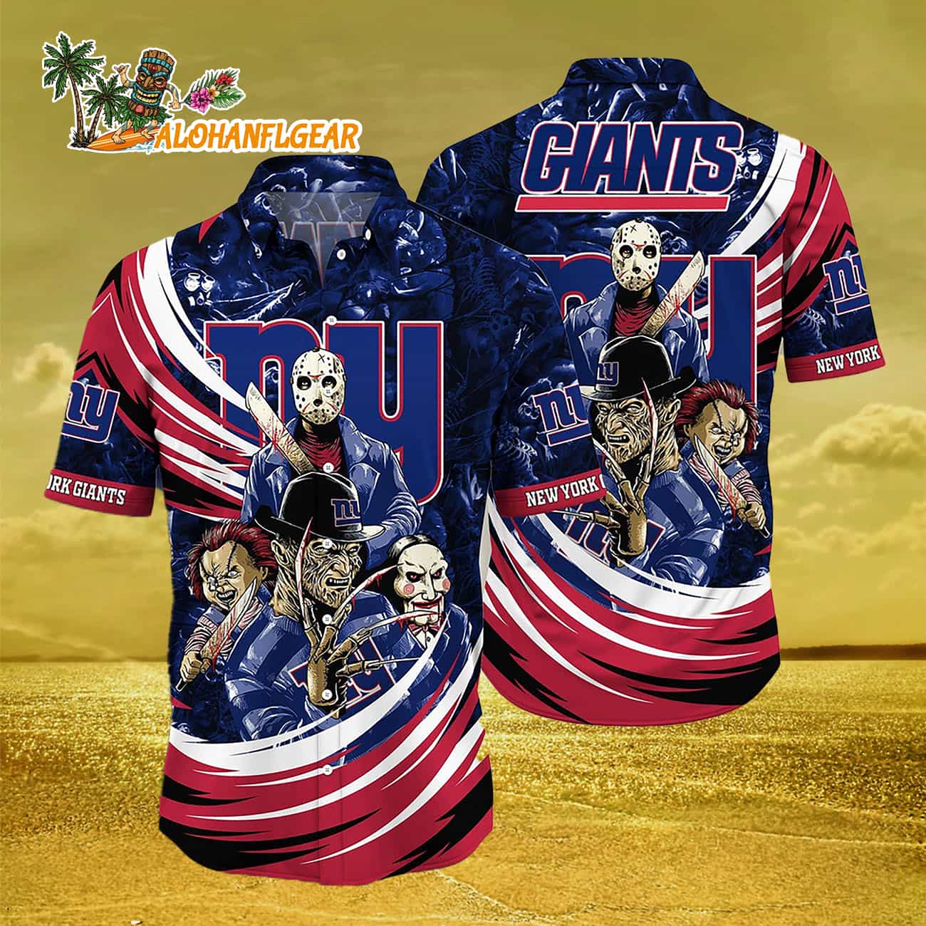 New York Giants Halloween Horror Movie Characters Hawaiian Shirt New York Giants Halloween Horror Movie Characters Hawaiian Shirt