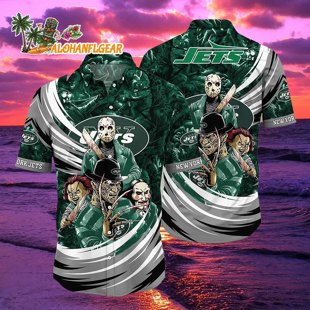 New York Jets Halloween Horror Movie Characters Hawaiian Shirt New York Jets Halloween Horror Movie Characters Hawaiian Shirt