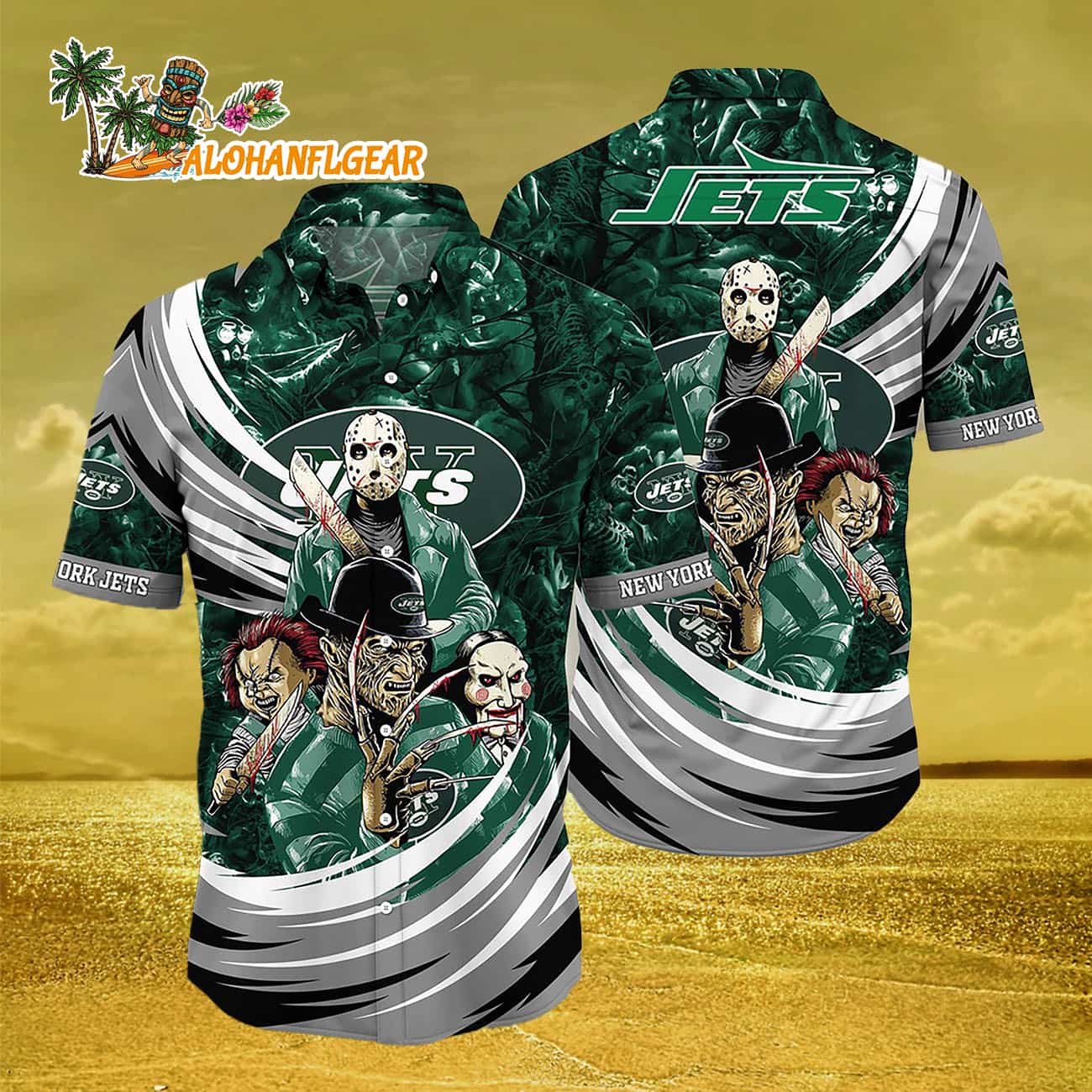 New York Jets Halloween Horror Movie Characters Hawaiian Shirt New York Jets Halloween Horror Movie Characters Hawaiian Shirt