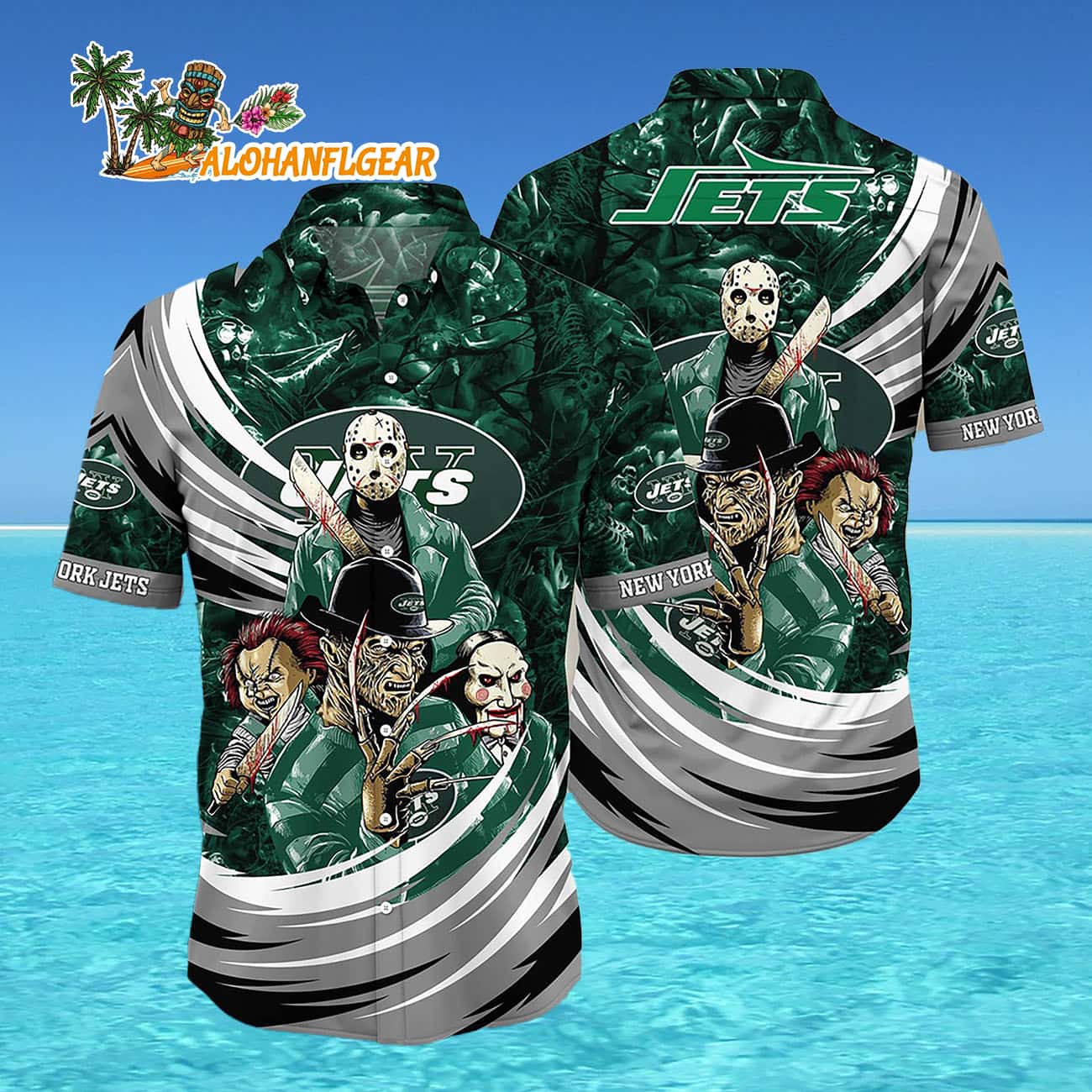 New York Jets Halloween Horror Movie Characters Hawaiian Shirt New York Jets Halloween Horror Movie Characters Hawaiian Shirt