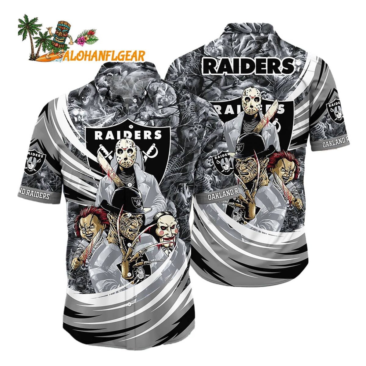 Oakland Raiders Halloween Horror Movie Characters Hawaiian Shirt 1