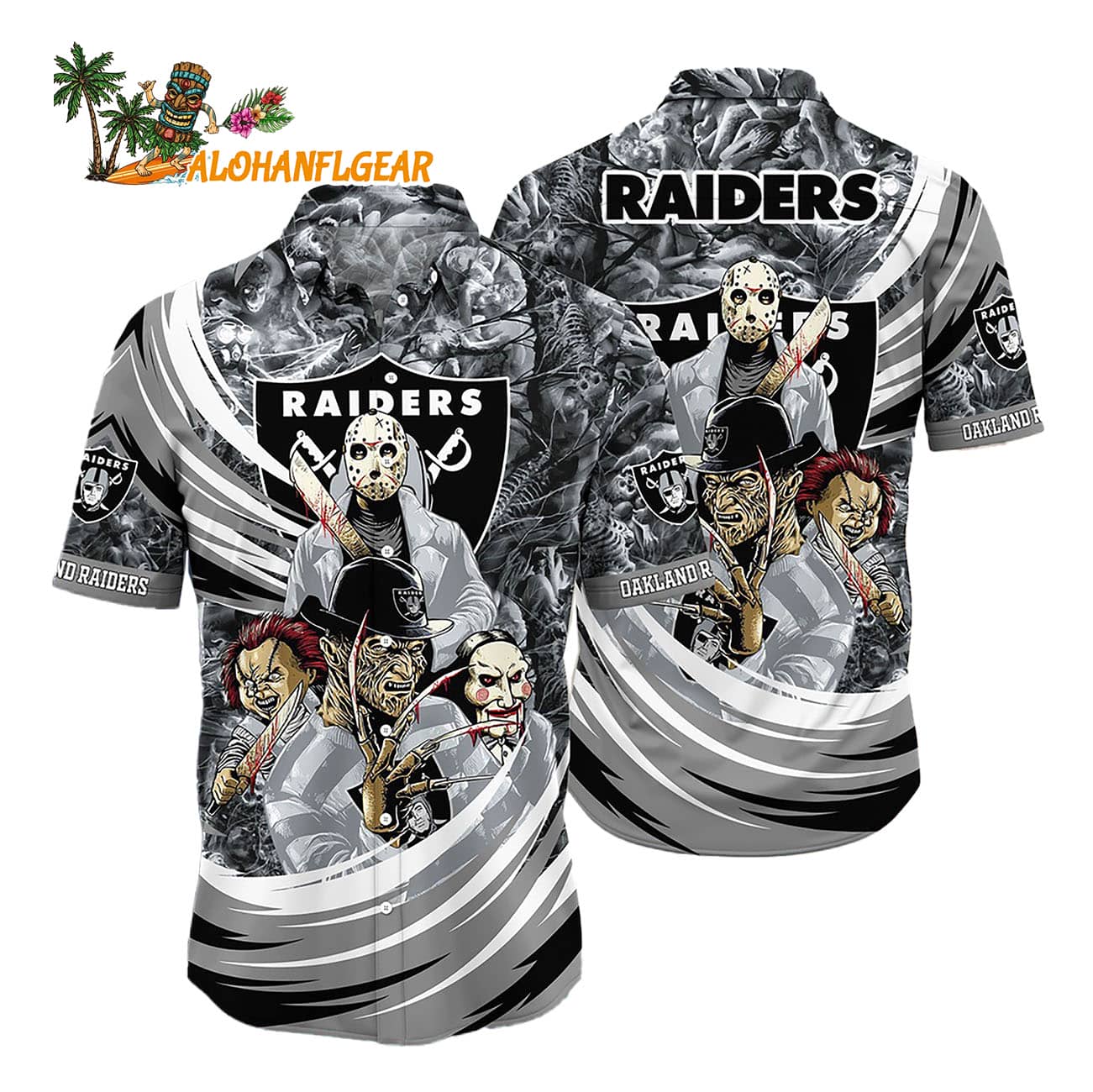 Oakland Raiders Halloween Horror Movie Characters Hawaiian Shirt Oakland Raiders Halloween Horror Movie Characters Hawaiian Shirt