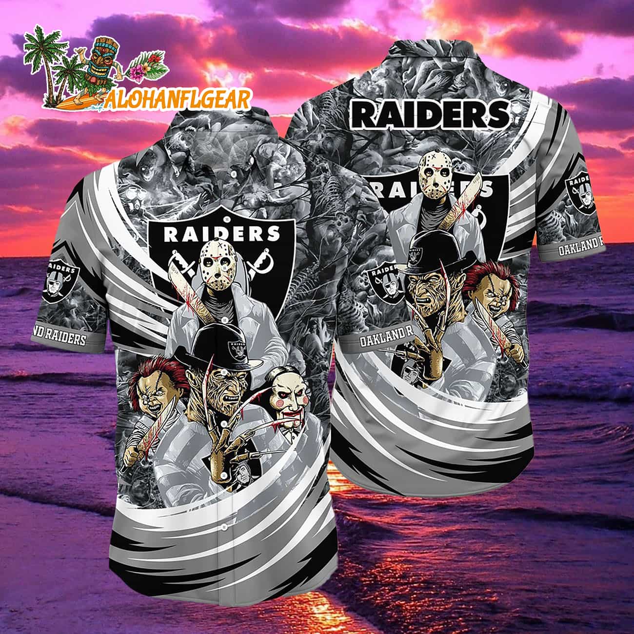 Oakland Raiders Halloween Horror Movie Characters Hawaiian Shirt Oakland Raiders Halloween Horror Movie Characters Hawaiian Shirt