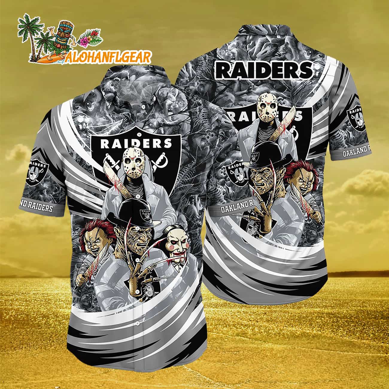 Oakland Raiders Halloween Horror Movie Characters Hawaiian Shirt Oakland Raiders Halloween Horror Movie Characters Hawaiian Shirt