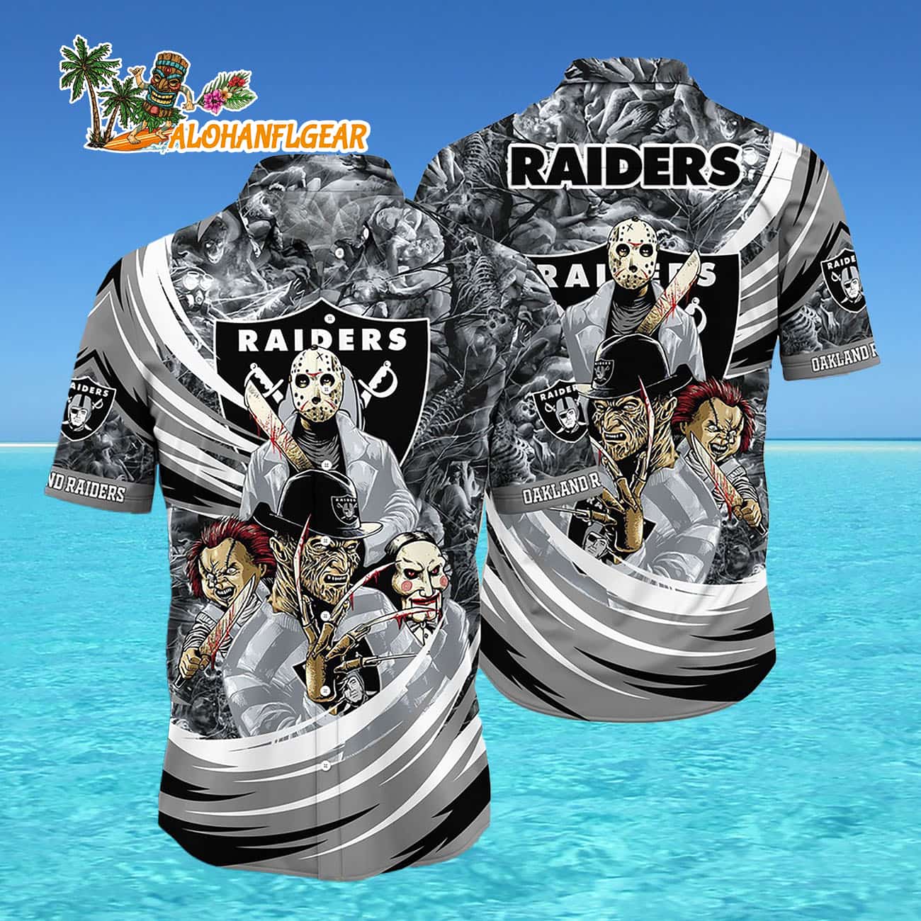 Oakland Raiders Halloween Horror Movie Characters Hawaiian Shirt Oakland Raiders Halloween Horror Movie Characters Hawaiian Shirt