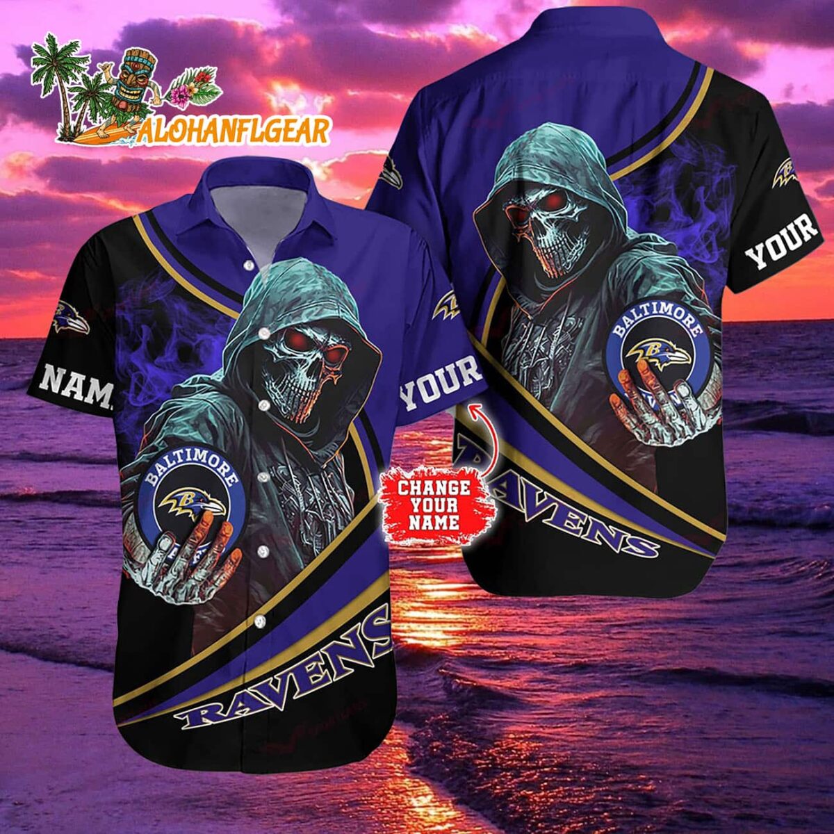 Personalized Baltimore Ravens Special Halloween Skull Hawaiian Shirt 2