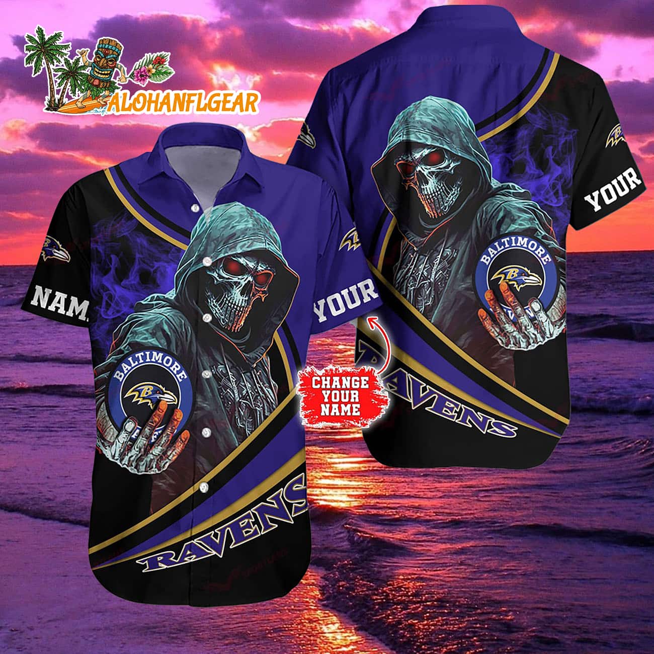 Personalized Baltimore Ravens Special Halloween Skull Hawaiian Shirt Personalized Baltimore Ravens Special Halloween Skull Hawaiian Shirt