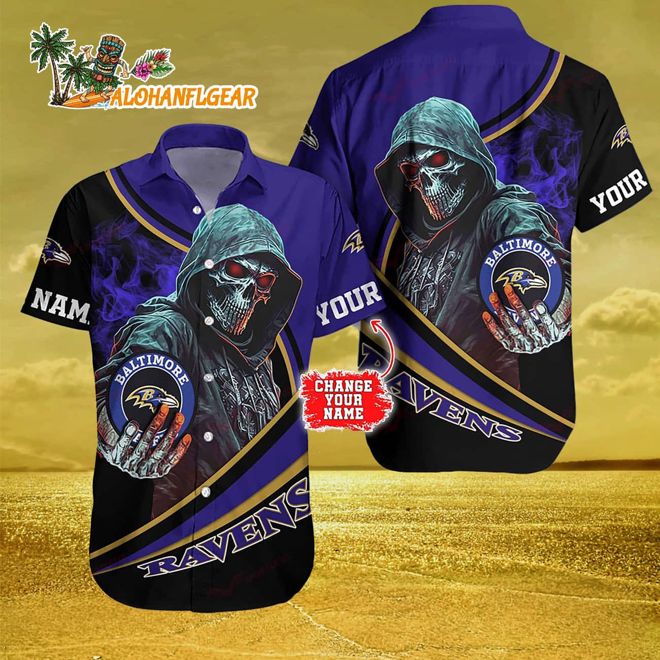 Personalized Baltimore Ravens Special Halloween Skull Hawaiian Shirt Personalized Baltimore Ravens Special Halloween Skull Hawaiian Shirt