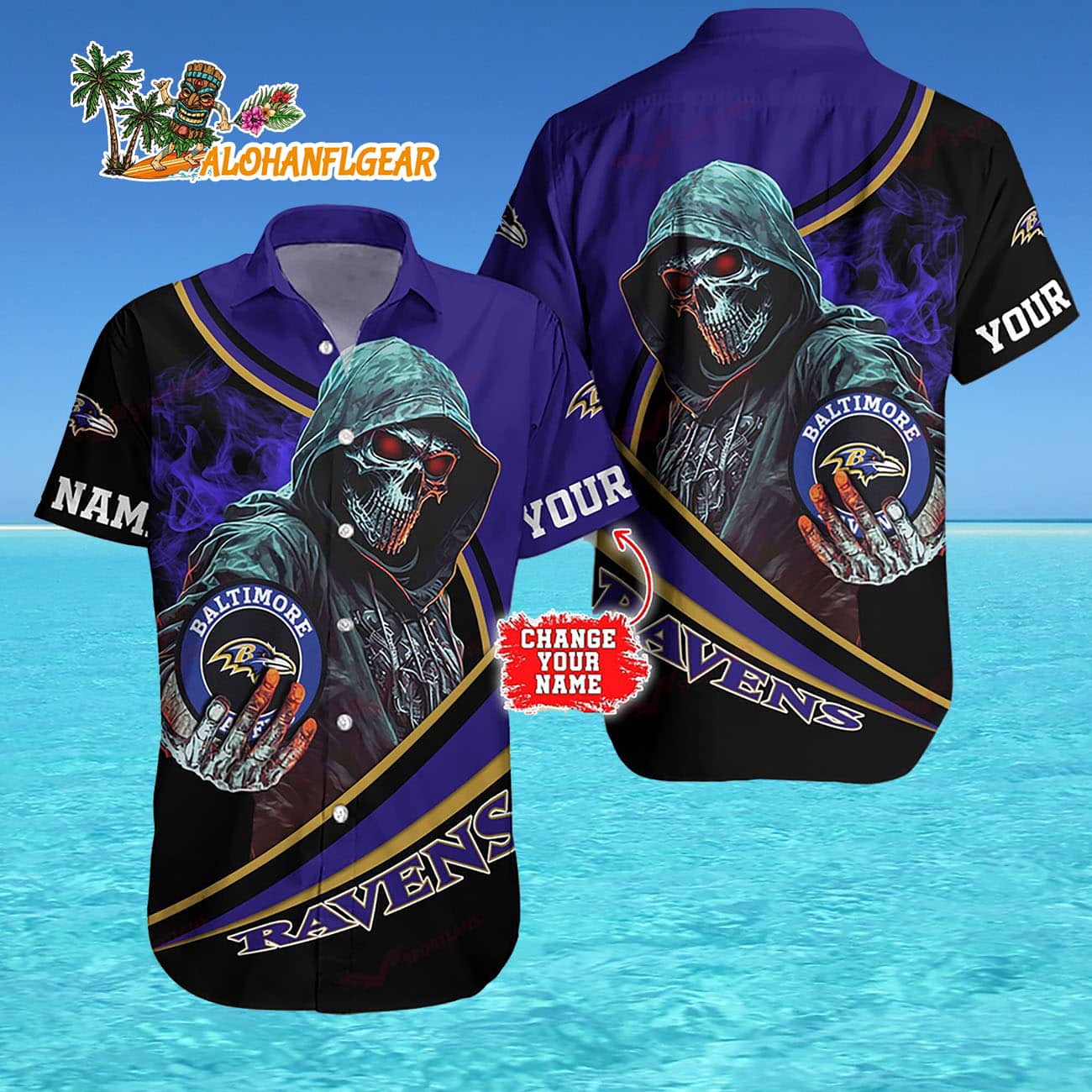 Personalized Baltimore Ravens Special Halloween Skull Hawaiian Shirt Personalized Baltimore Ravens Special Halloween Skull Hawaiian Shirt