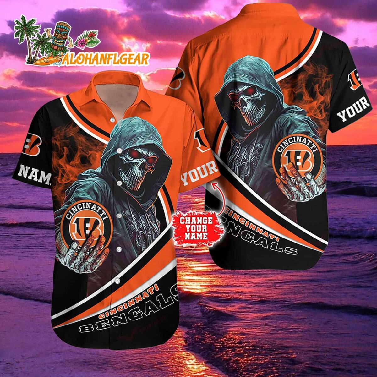 Personalized Cincinnati Bengals Special Halloween Skull Hawaiian Shirt 1 Personalized Cincinnati Bengals Special Halloween Skull Hawaiian Shirt 2