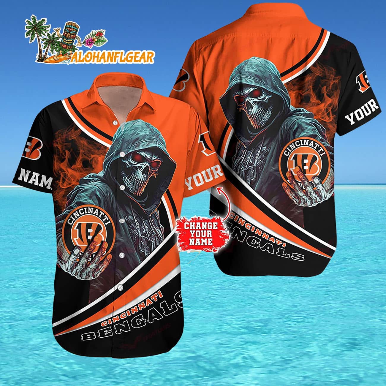 Personalized Cincinnati Bengals Special Halloween Skull Hawaiian Shirt Personalized Cincinnati Bengals Special Halloween Skull Hawaiian Shirt