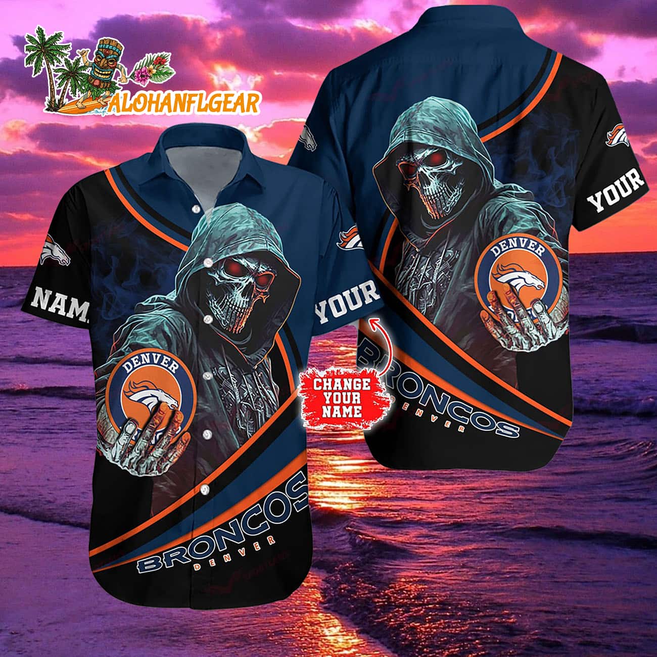 Personalized Denver Broncos Special Halloween Skull Hawaiian Shirt Personalized Denver Broncos Special Halloween Skull Hawaiian Shirt