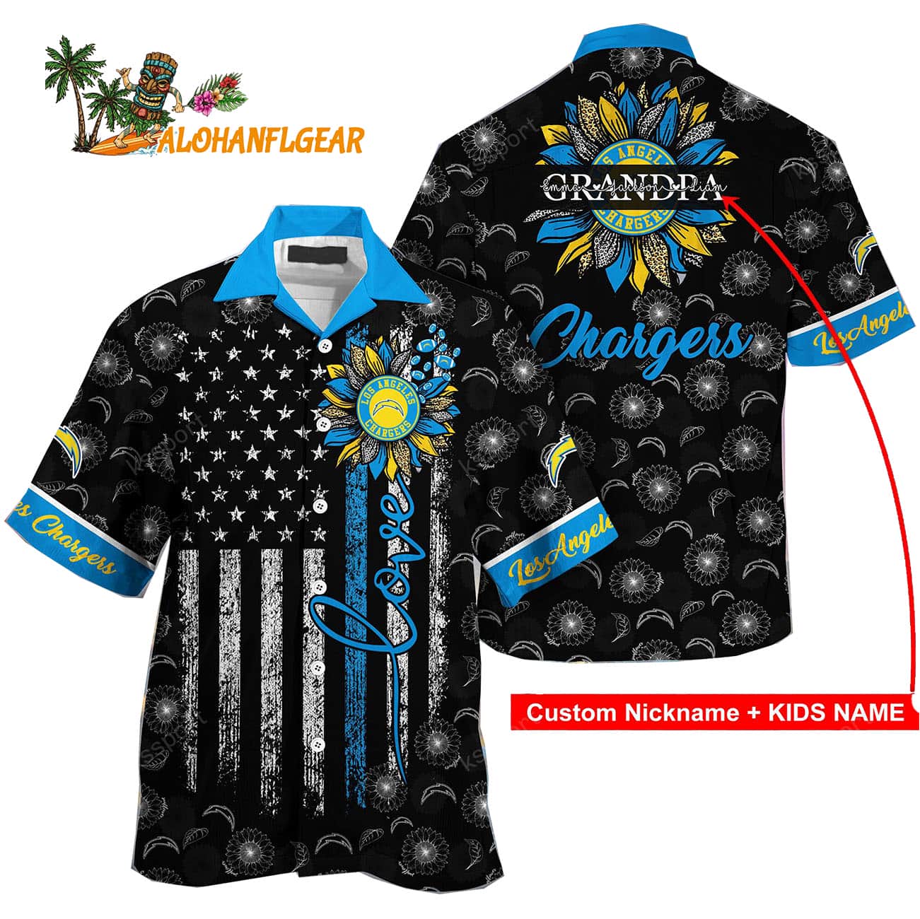 Personalized Los Angeles Chargers Sunflower For Mother Day Father Day Hawaiian Shirt Personalized Los Angeles Chargers Sunflower For Mother Day Father Day Hawaiian Shirt