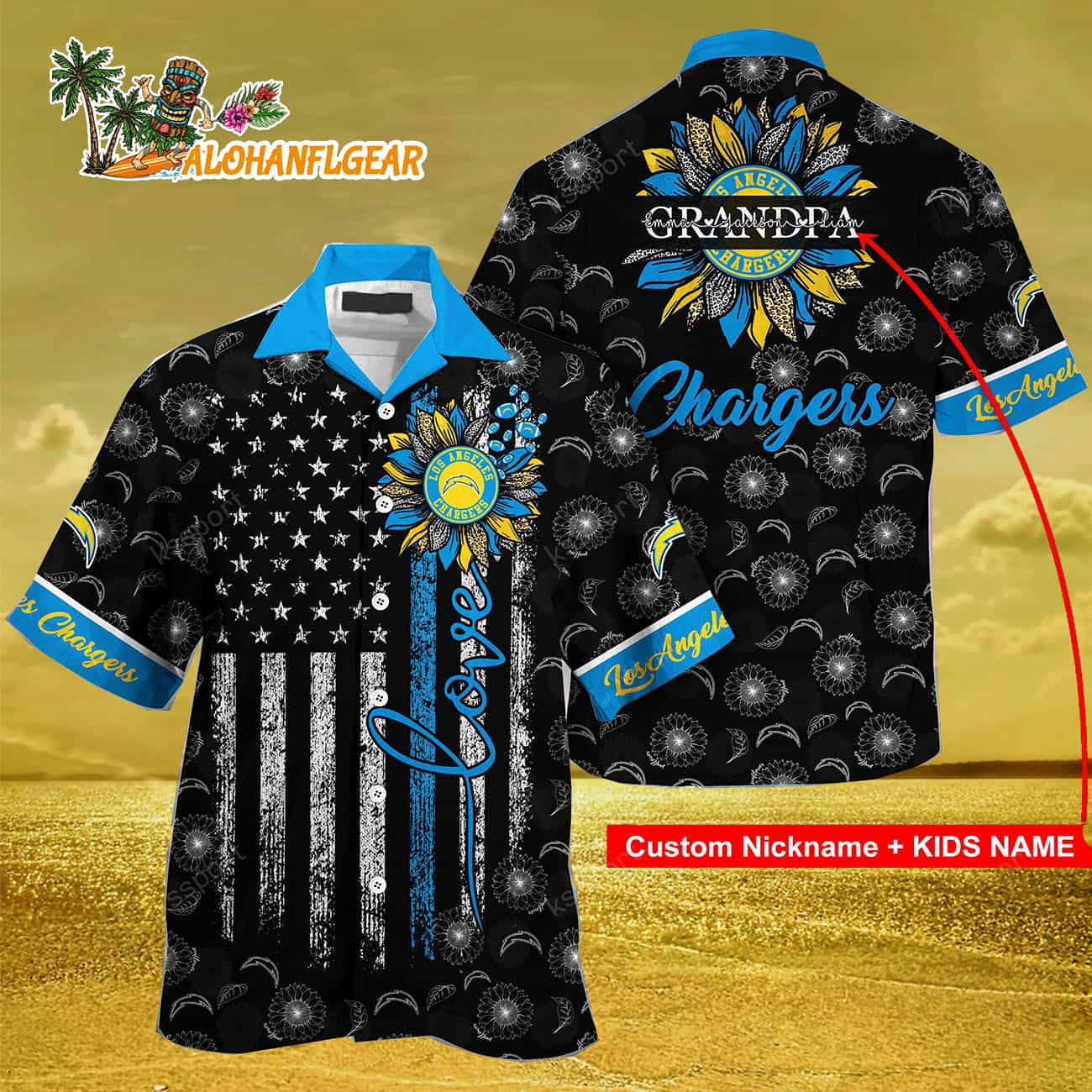 Personalized Los Angeles Chargers Sunflower For Mother Day Father Day Hawaiian Shirt Personalized Los Angeles Chargers Sunflower For Mother Day Father Day Hawaiian Shirt