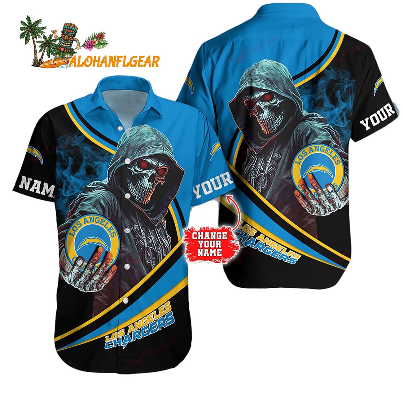 Personalized Los Angeles Chargers Special Halloween Skull Hawaiian Shirt Personalized Los Angeles Chargers Special Halloween Skull Hawaiian Shirt