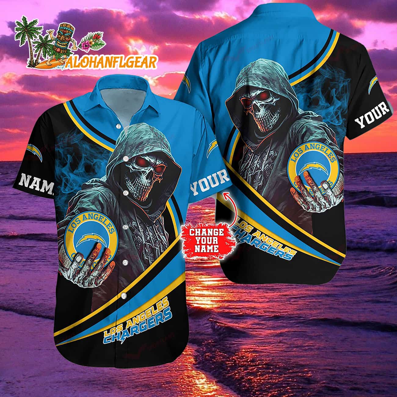 Personalized Los Angeles Chargers Special Halloween Skull Hawaiian Shirt Personalized Los Angeles Chargers Special Halloween Skull Hawaiian Shirt