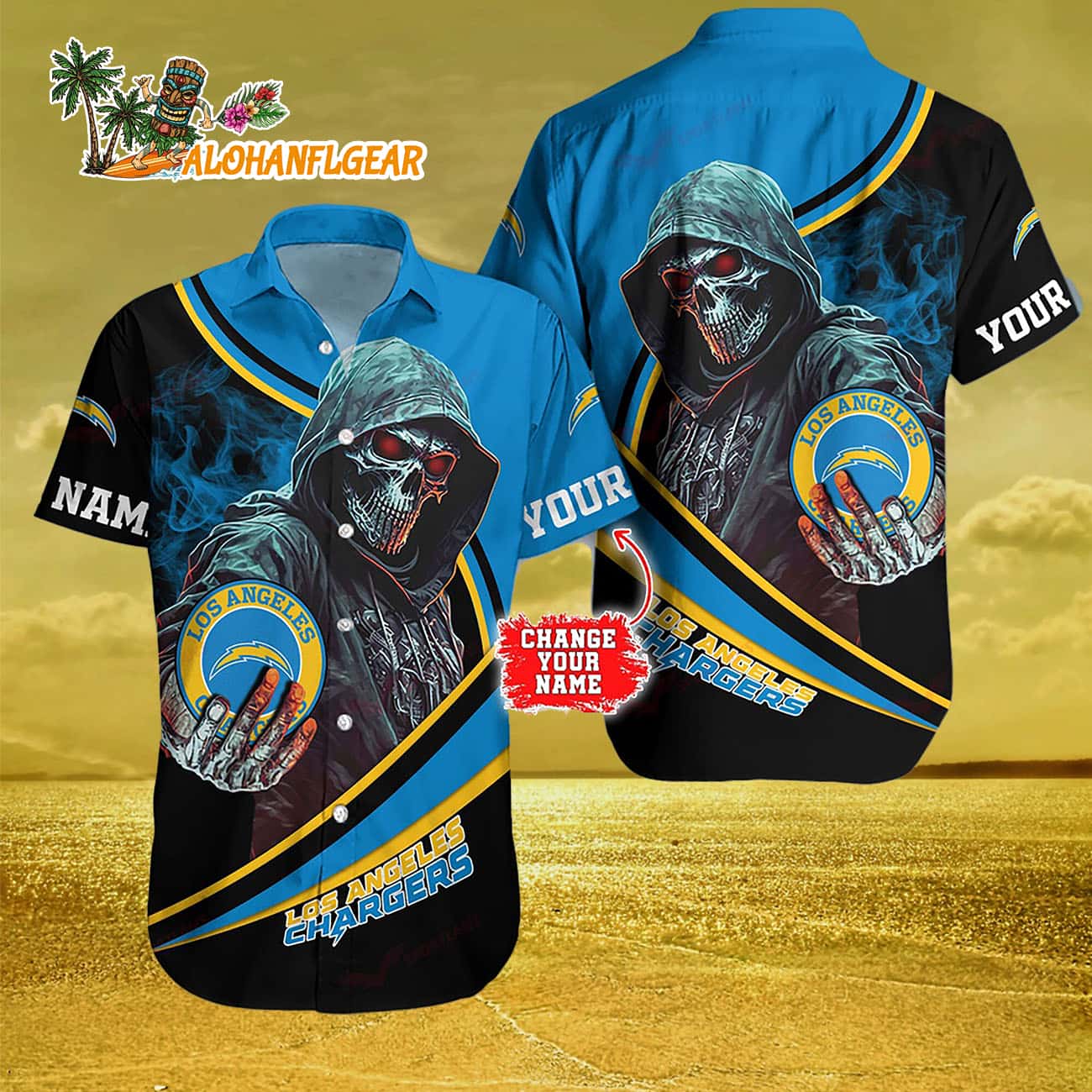 Personalized Los Angeles Chargers Special Halloween Skull Hawaiian Shirt Personalized Los Angeles Chargers Special Halloween Skull Hawaiian Shirt