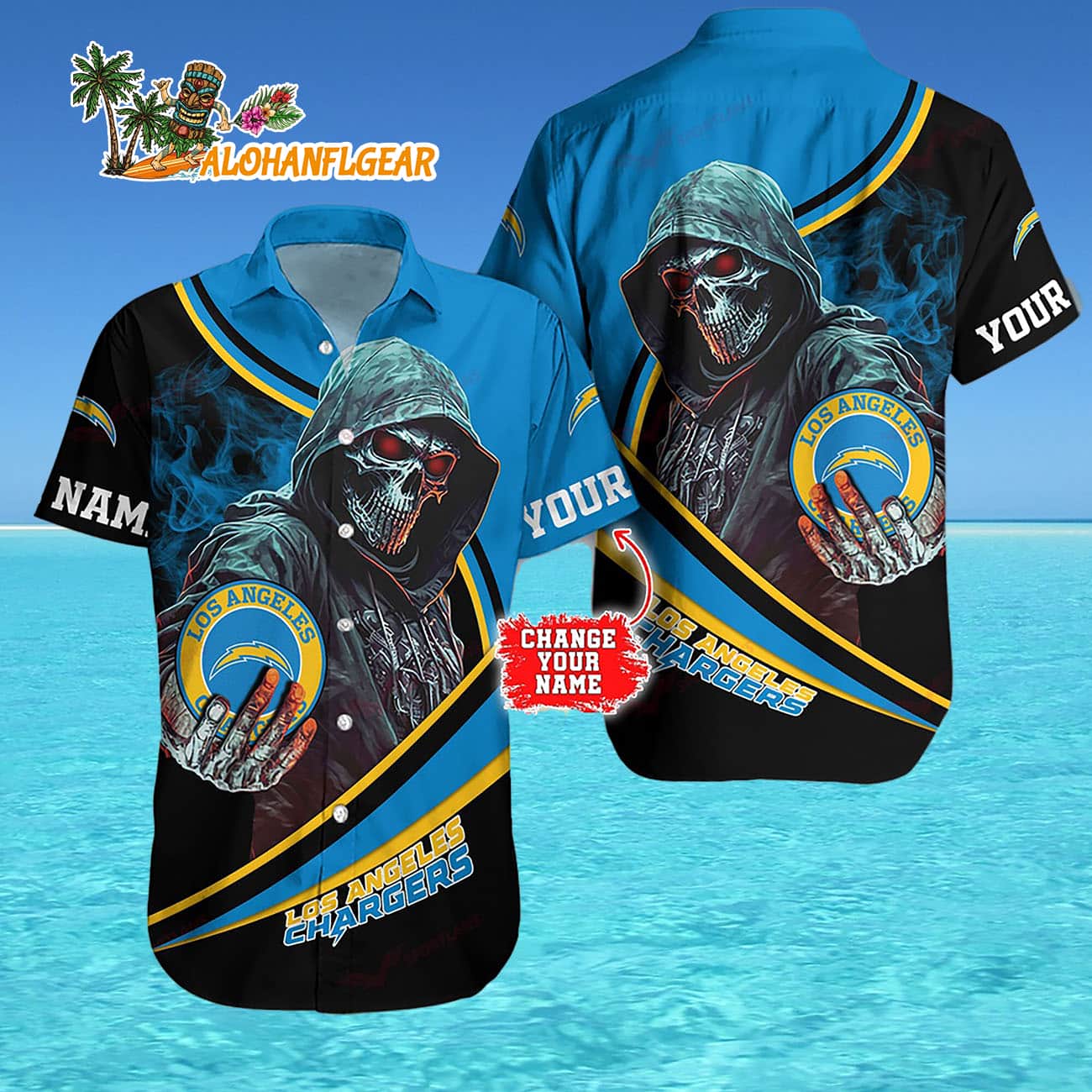 Personalized Los Angeles Chargers Special Halloween Skull Hawaiian Shirt Personalized Los Angeles Chargers Special Halloween Skull Hawaiian Shirt