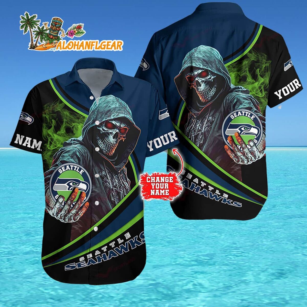 Personalized Seattle Seahawks Special Halloween Skull Hawaiian Shirt 4