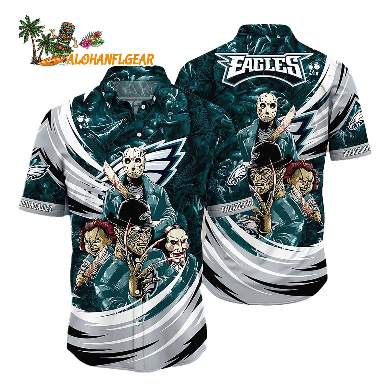 Philadelphia Eagles Halloween Horror Movie Characters Hawaiian Shirt Philadelphia Eagles Halloween Horror Movie Characters Hawaiian Shirt