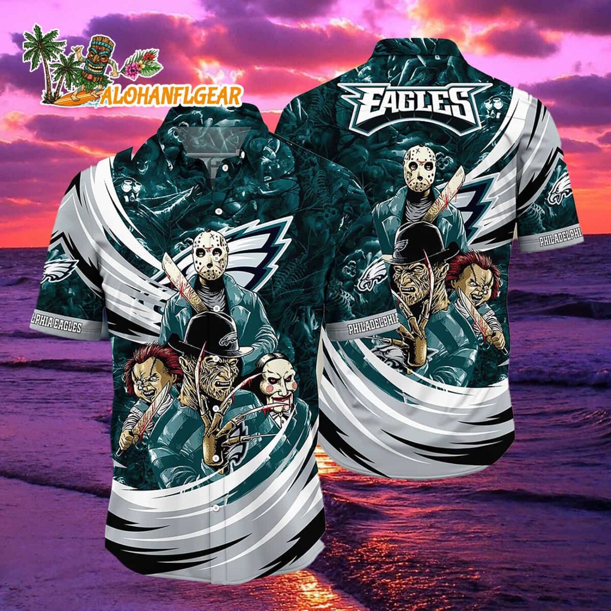 Philadelphia Eagles Halloween Horror Movie Characters Hawaiian Shirt 2