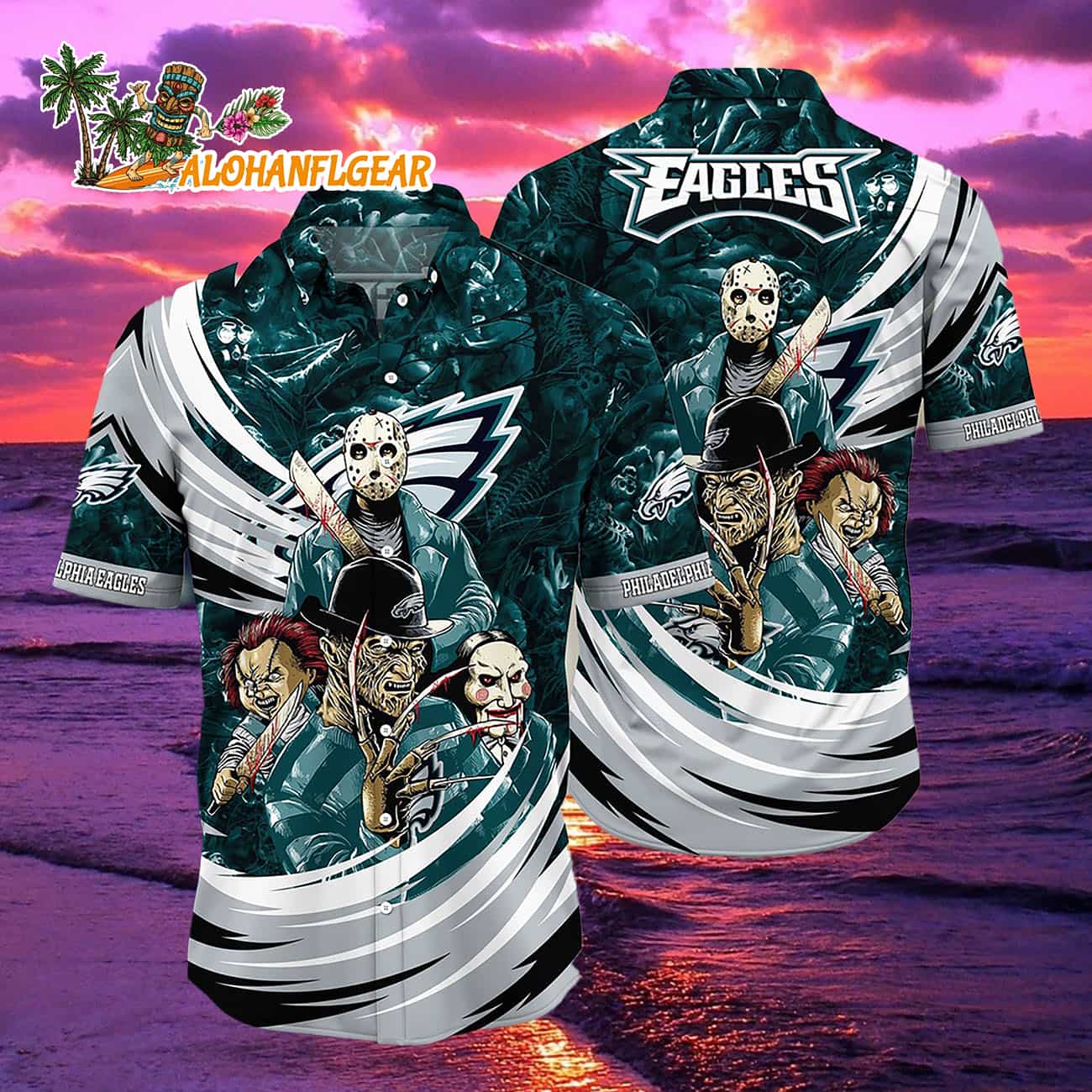 Philadelphia Eagles Halloween Horror Movie Characters Hawaiian Shirt Philadelphia Eagles Halloween Horror Movie Characters Hawaiian Shirt