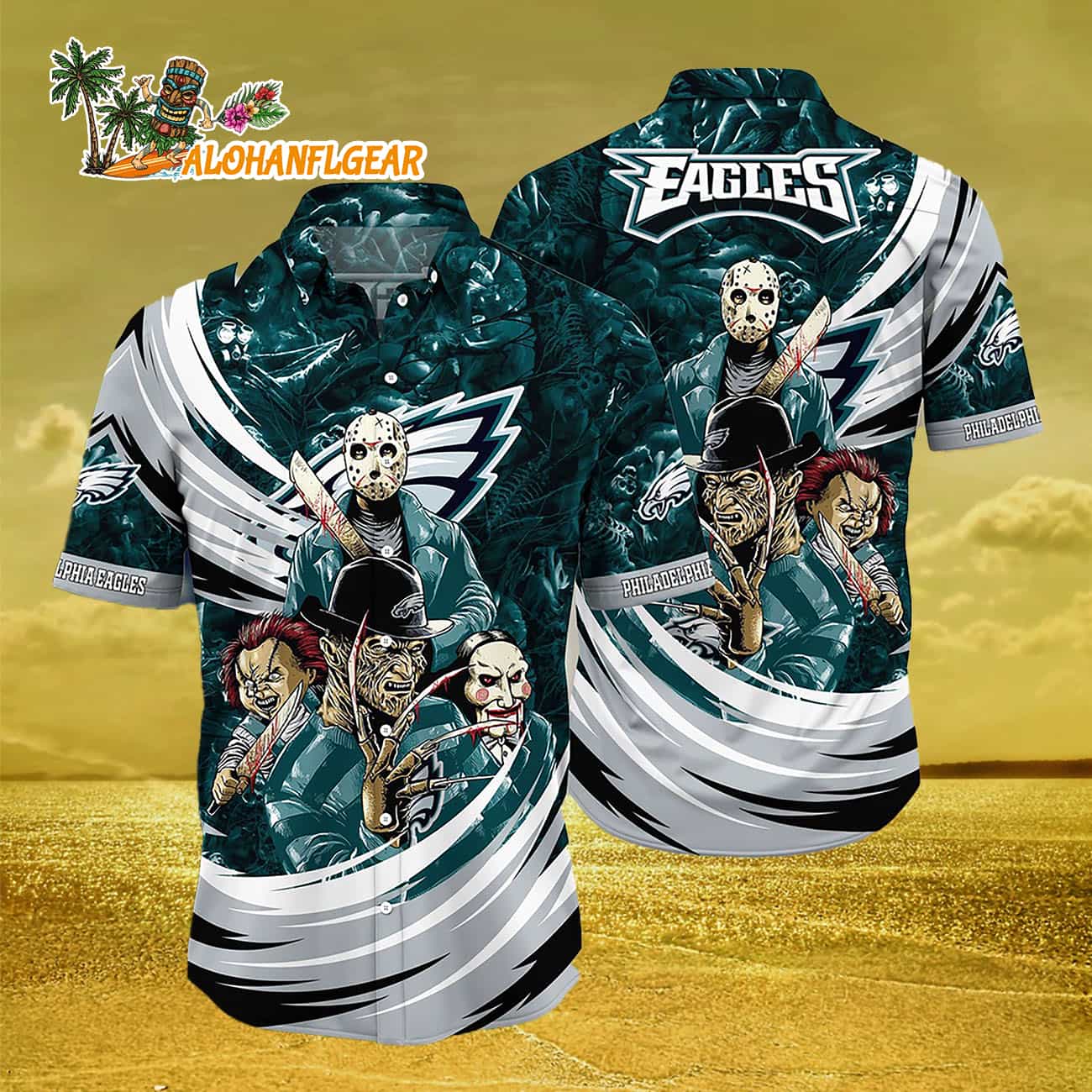 Philadelphia Eagles Halloween Horror Movie Characters Hawaiian Shirt Philadelphia Eagles Halloween Horror Movie Characters Hawaiian Shirt