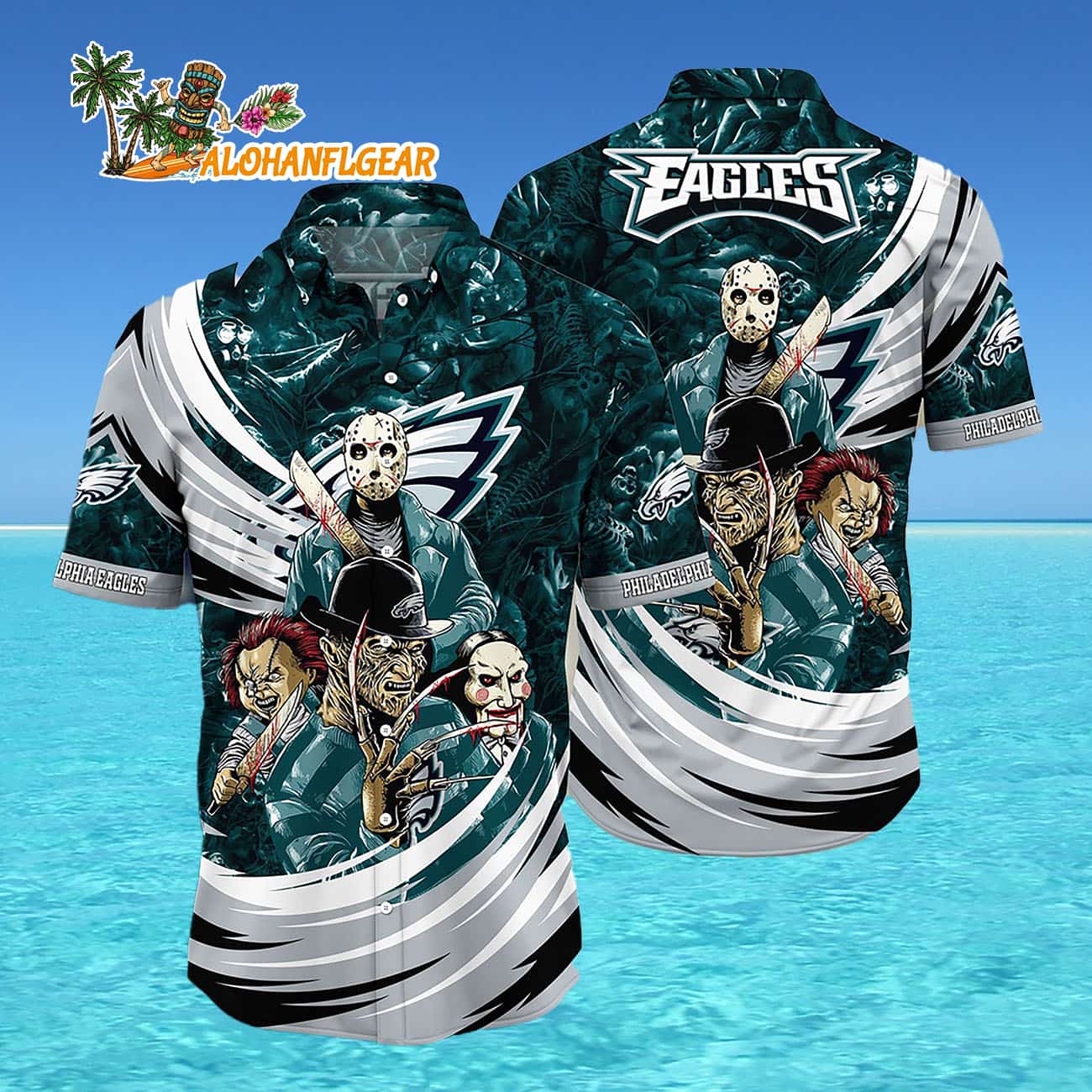 Philadelphia Eagles Halloween Horror Movie Characters Hawaiian Shirt Philadelphia Eagles Halloween Horror Movie Characters Hawaiian Shirt