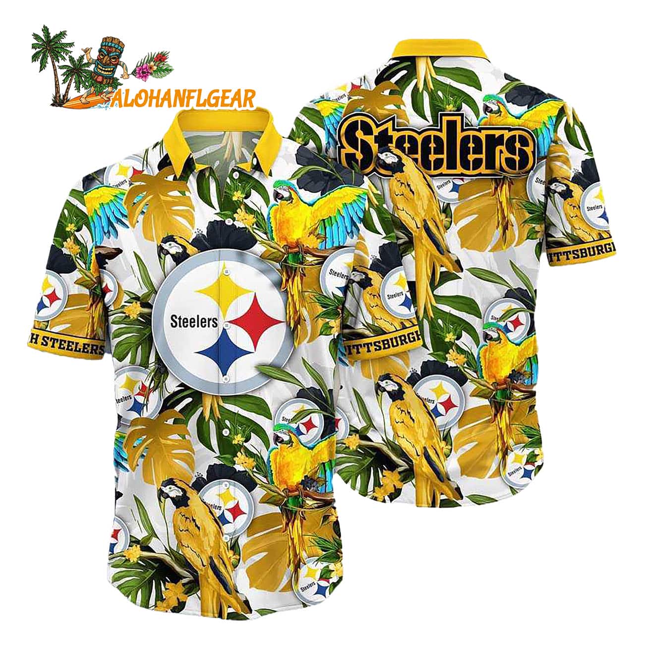 Pittsburgh Steelers Parrots Tropical Flower Hawaiian Shirt Pittsburgh Steelers Parrots Tropical Flower Hawaiian Shirt