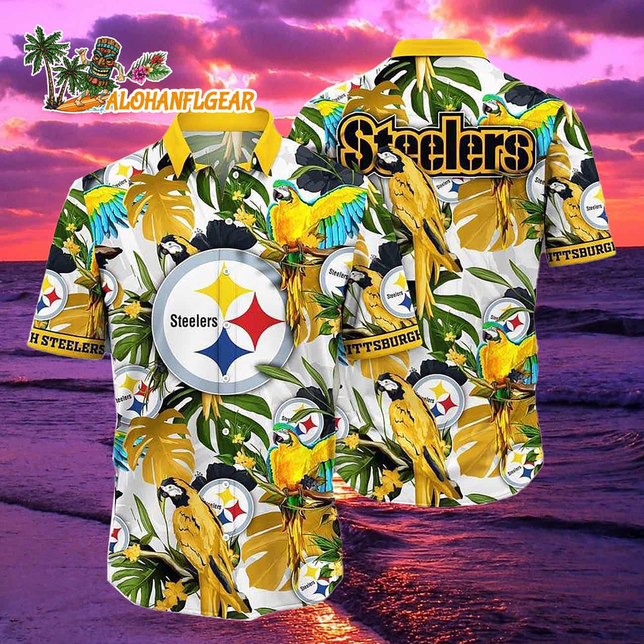 Pittsburgh Steelers Parrots Tropical Flower Hawaiian Shirt Pittsburgh Steelers Parrots Tropical Flower Hawaiian Shirt