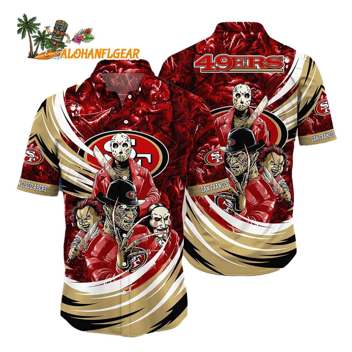 San Francisco 49ers Halloween Horror Movie Characters Hawaiian Shirt 1