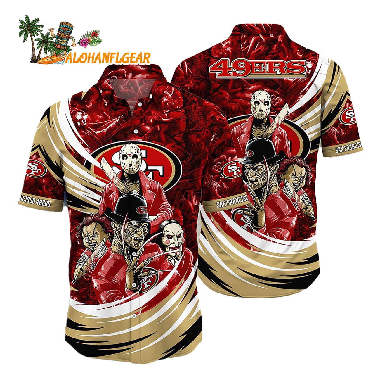 San Francisco 49ers Halloween Horror Movie Characters Hawaiian Shirt San Francisco 49ers Halloween Horror Movie Characters Hawaiian Shirt