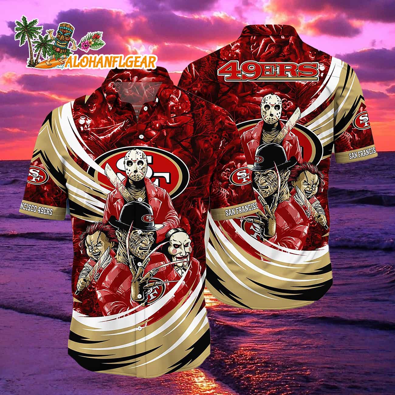 San Francisco 49ers Halloween Horror Movie Characters Hawaiian Shirt San Francisco 49ers Halloween Horror Movie Characters Hawaiian Shirt